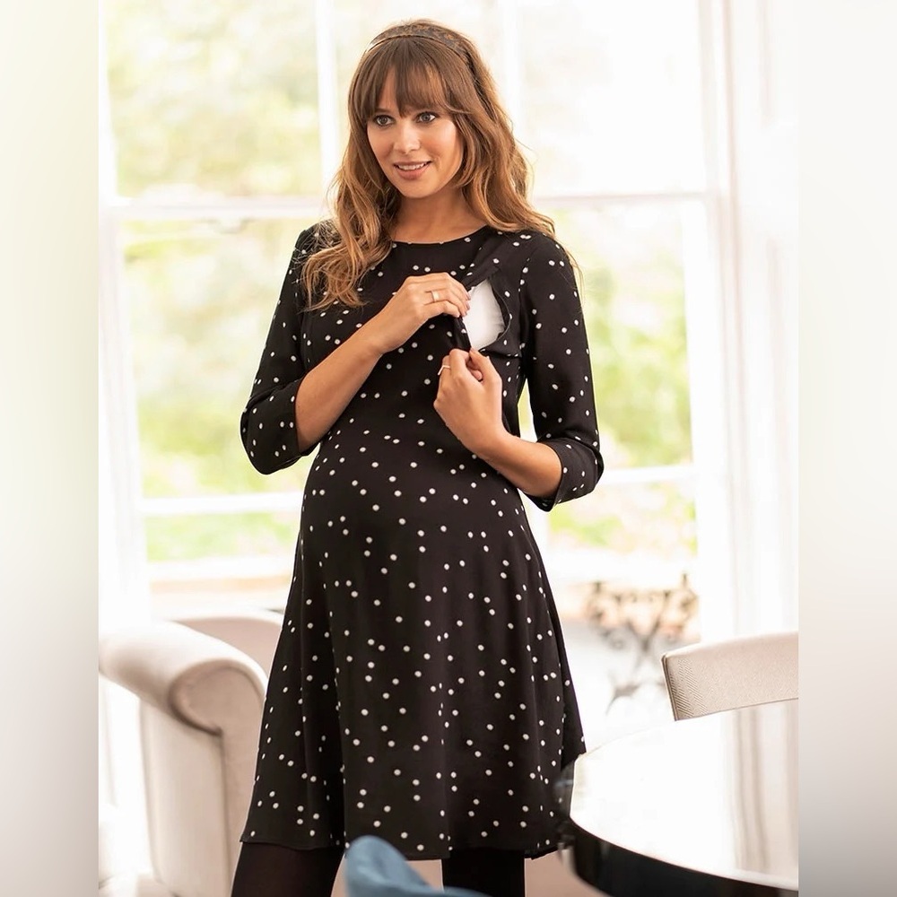 Seraphine Black and White Polka Dot Maternity and Nursing Dress
